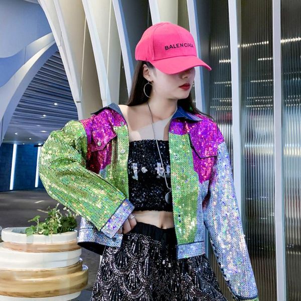 

women's jackets womens sequined denim turn down collar button pocket long sleeves loose hip hop print patchwork coats, Black;brown