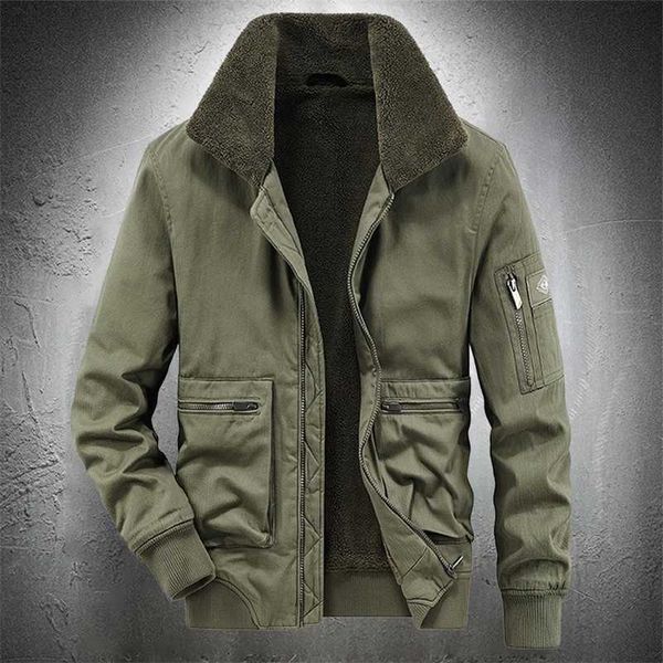 

autumn winter bomber jacket men faux woolen lined thick warm men military jacket fashion clothing outwear slim casual coat male 211122, Black