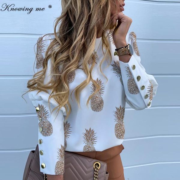 

3xl elegant pineapple print puff shoulder blouse shirts office lady metal buttoned detail blouses women autumn long sleeve, White
