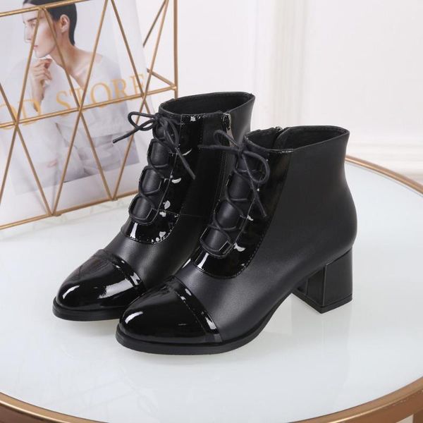 

boots 2021 fashion womens designer shoes genuine leather autumn winter round head short thick high heels ankle, Black