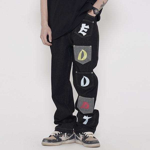 

2021 new retro streetwear letter pocket stitching jeans men and women straight oversize ripped washed denim trousers hip hop loose pants 0fh, Blue