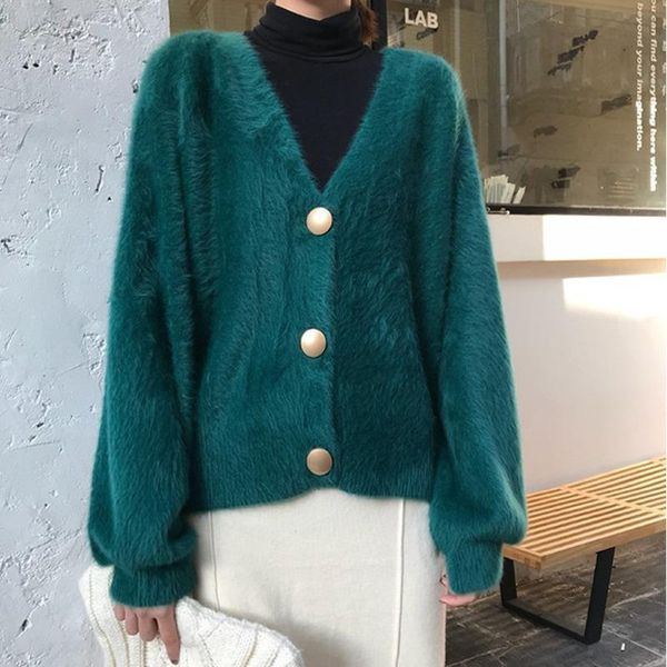 

women's knits & tees spring and autumn short plush knit cardigan lazy gentle v-neck loose long sleeve jacket 2021 en*, White