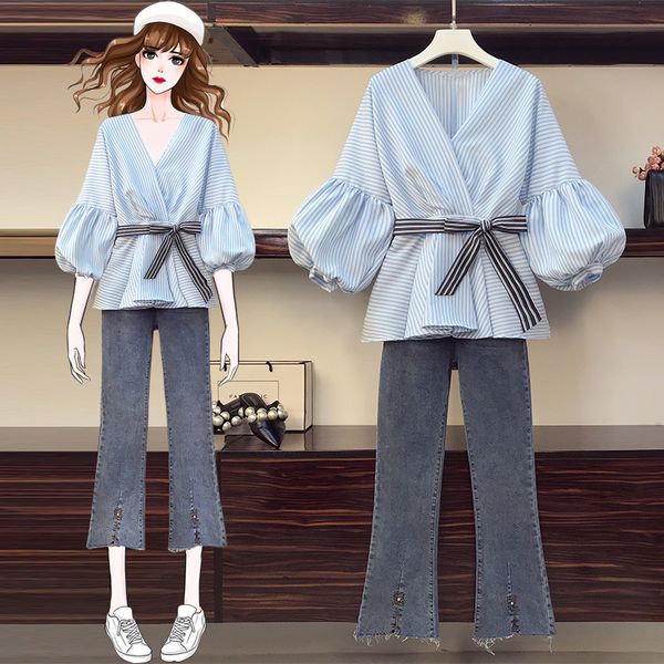 

female fashion spring 2021 new plus size cropped jeans + thin striped shirt two parts suit d4qd, Gray