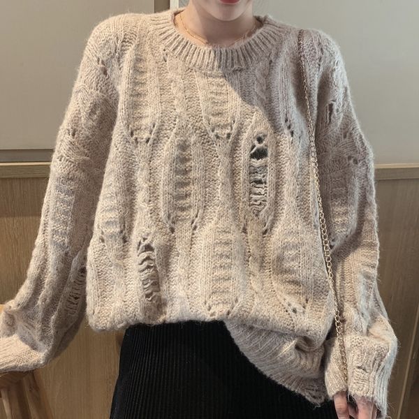 

2021 autumn retro hollow hole loose long-sleeved round neck pullover female solid color new sweater y0jh, White;black