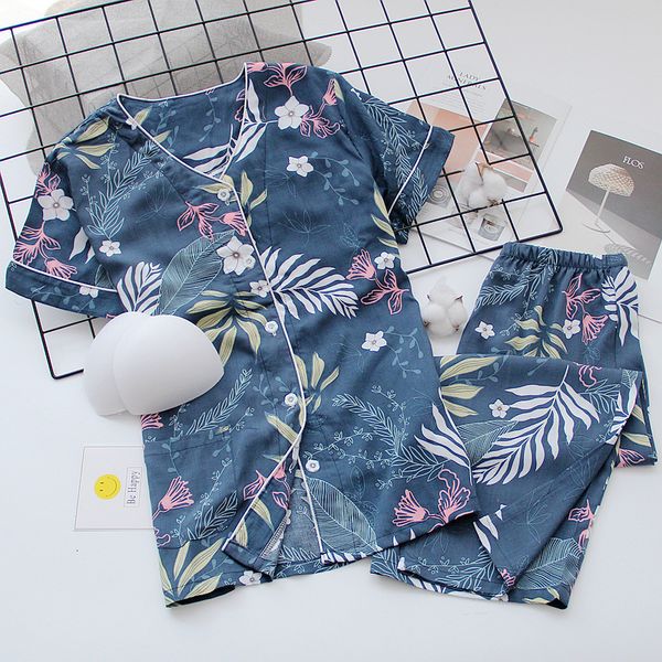 

2021 summer new ladies v-neck cardigan+pants pajamas set printed women comfort sleepwear soft thin homewear with chest pad l770, Black;brown