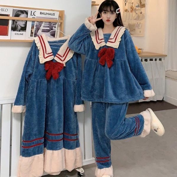 

2020 pajamas female winter new coral velvet trousers warm thick pajamas sweet bow plush pajamas set/night sleepwear, Black;red