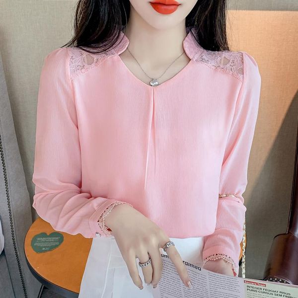 

women's blouses & shirts fall 2021 fashion long sleeve prink vintage shirt casual office lady v-neck chiffon blouse ladies lace patchwo, White