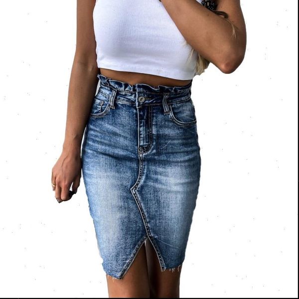 

brand new woman trendy retro washed ruffled high waist denim skirts female summer elastic bodycon hip denim skirt saia jeans, Black