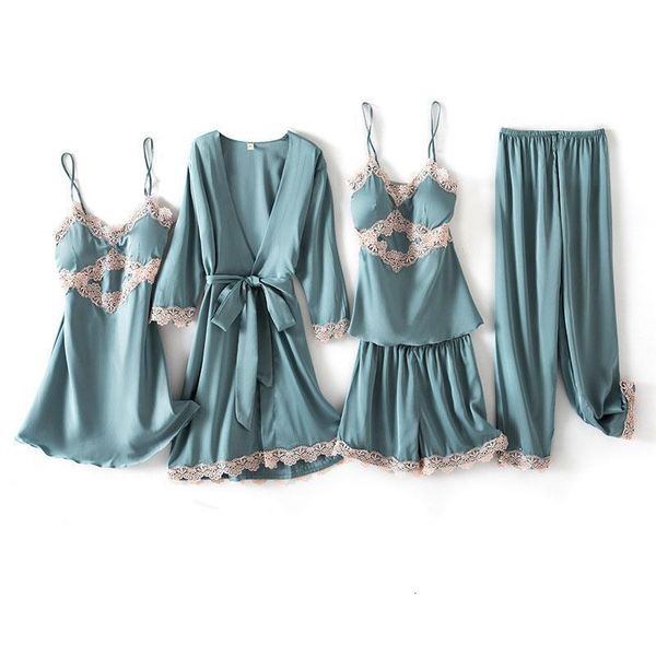 

soft sleep set v-neck nightwear 5pcs pajamas suit women sleepwear flower strap nightshirts lace warm negligee home clothes, Black;red