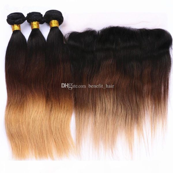 

honey blonde human hair bundles with lace frontal closure 1b 4 27 full lace frontal with straight hair extension 4pcs lot, Black;brown