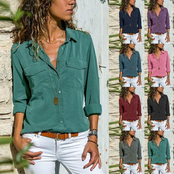 

casual loose long sleeve blouse lapel women holiday comfy plain, White