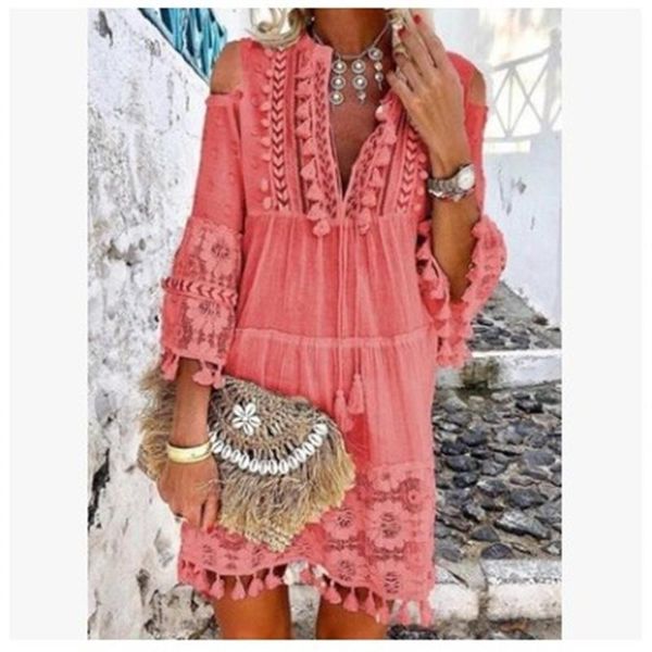 

casual dresses for women pink loose mini dress hollow out v neck long sleeve party vestidos mujer woman summer, Black;gray