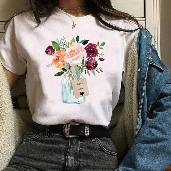 

women tees print graphic plant short sleeve aesthetic floral flower clothes lady clothing female t shirt womens t-shirt, White