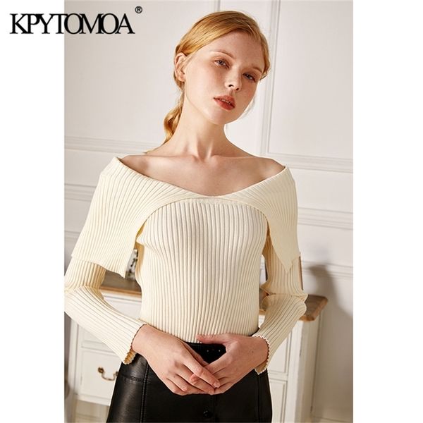 

kpytomoa women fashion with exposed shoulders fitted knitted sweater vintage v neck long sleeve female pullovers chic 210914, White;black