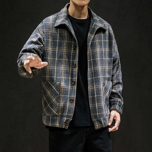 

spring and autumn coat korean brand ins large woolen plaid loose fashion fat jacket men's top, Black;brown
