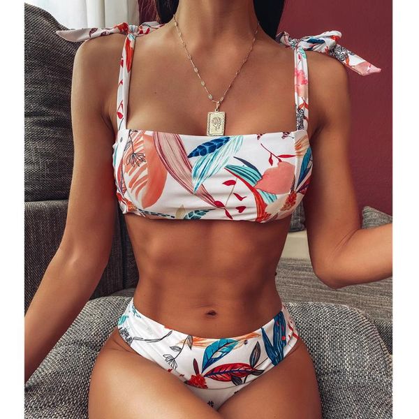 

low waist two piece bikini female vintage swimsuit women summer bathing suit bow-knot viquinis mujer 2021 leaf printed swimwear