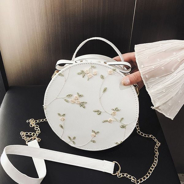 

19*19cm sweet lace embroidery round handbags pu leather ladies crossbody bags for women small fresh flower chain shoulder bags purses evenin, Black