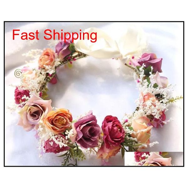 

adjustable flower headband hair wreath floral garland crown halo headpiece with ribbon boho weddin qylqyl homes2007, Silver