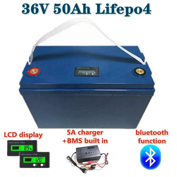 Pacco batteria Lifepo4 36V 50Ah impermeabile con BMS per scooter, bici, carrello da golf solare da 1500 W triciclo, fornito con caricabatterie 5A