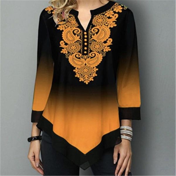 

womens gradient t-shirts fashion trend long sleeve v neck thin tee designer female autumn folk-custom loose casual irregular hem tshirt, White