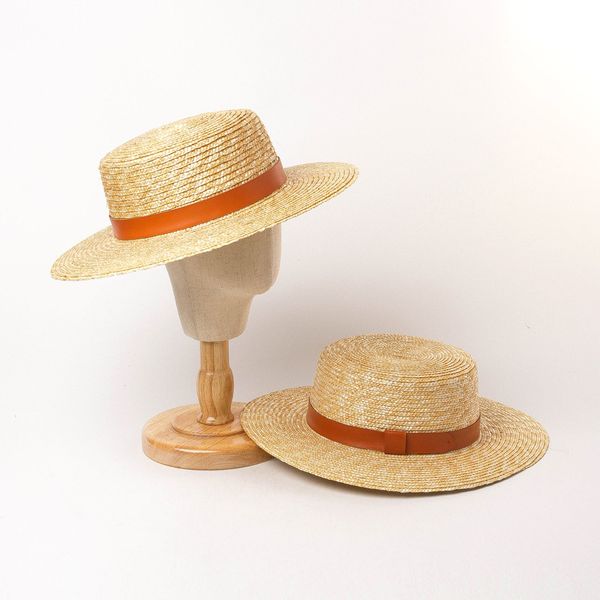 

kids woven wide-brimmed straw hat summer boys girls leather belt flat-sun hat children travel cap beach visor a6058, Yellow
