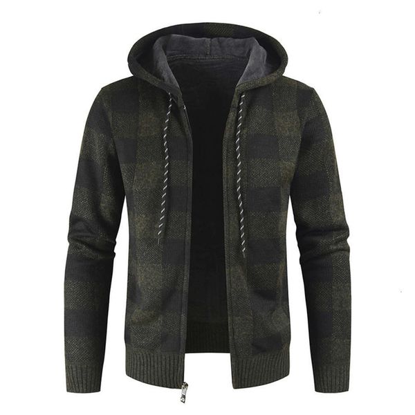 

20212020 winter new men's cashmere thickened cardigan sweater hooded zipper plaid knitted coat, White;black