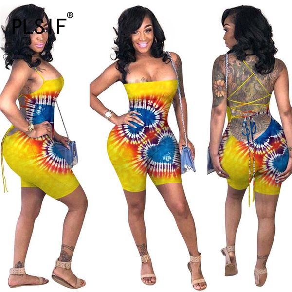 

classic fashion tie dye print lady playsuits summer strapless skinny overall beach style shorts sports playsuits, Black;white