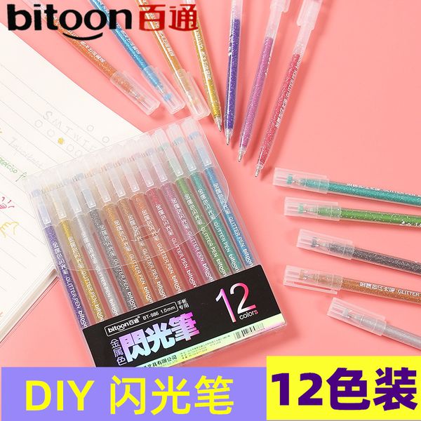 

painting pens baitong export children's student pearl flash gel marking orcent 12 color painting pen, Black;red
