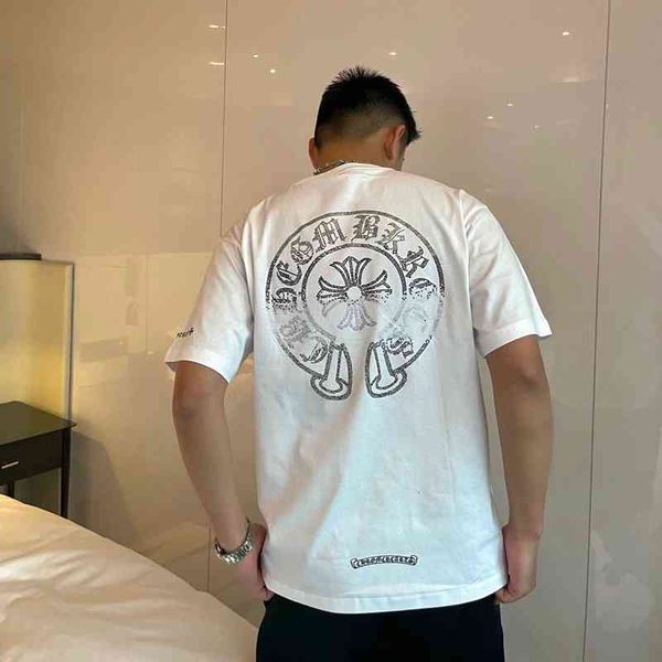 

summer new trend ch cro drill cross horseshoe short t-shirt men's and women's casual half sleeve top, White;black