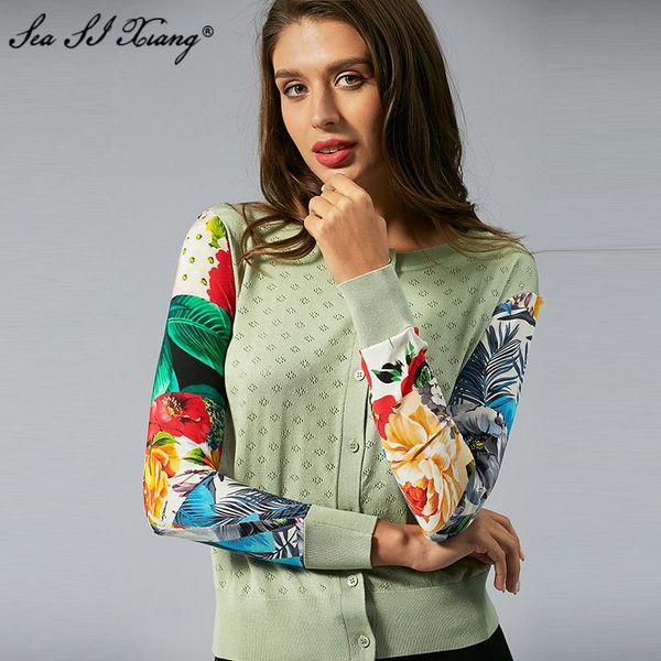 

women's knits & tees seasixiang fashion designer spring knitting long sleeve hollow out floral print patchwork silk wool sweater, White
