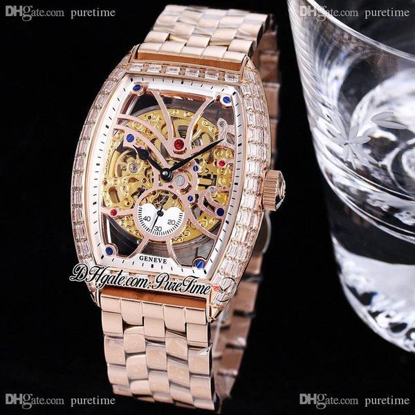 

twf v2 vanguard v 45 a21j automatic mens watch 18k rose gold square cut diamonds bezel skeleton dial stainless steel bracelet super edition, Slivery;brown