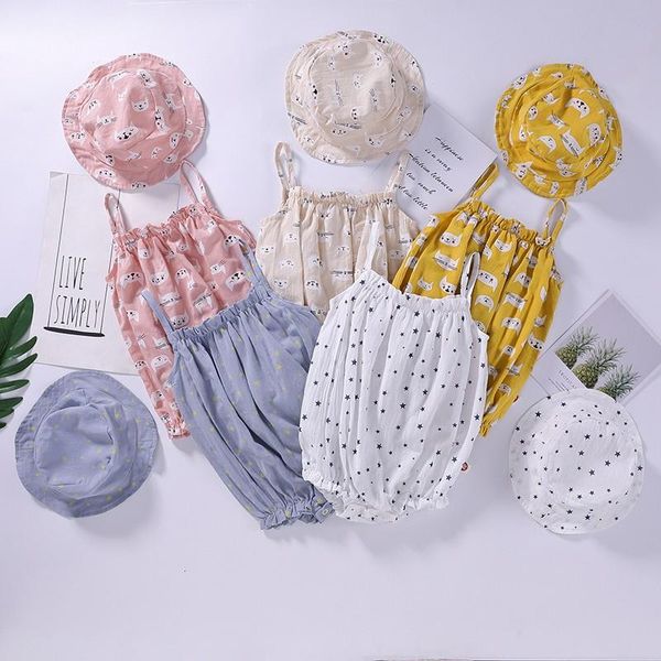 

jumpsuits infant cotton kids clothes girls 2021 summer baby outfit with cap set sling triangle romper hat, Blue