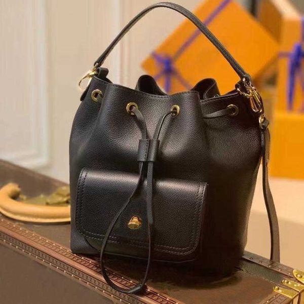 

CLASSIC FLOWER Bucket bag black high quality 2021 new cowhide drawstring adjustable smart shoulder strap luxury designer large capacity