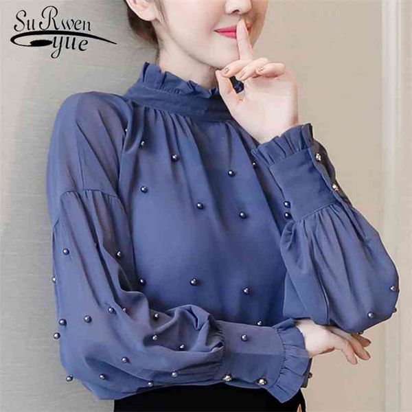 

spring blue chiffon women shirts beading long sleeved bottom shirt fashion blouse ol blouses clothes 1641 210730, White