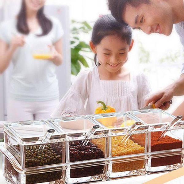 

storage bottles & jars 4 grid kitchen seasoning box set crystal transparent jar salt sugar creative spoon gadget
