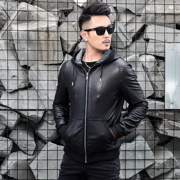 

men's leather & faux winter men hooded sheepskin real jacket street style short slim biker coat autumn thin casual outerwear, Black