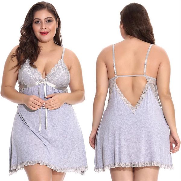 

nightdress modal cotton nightgowns women sleepwear slips v neck lace sleepshirt backless erotic lingerie plus size 4xl, Black;red