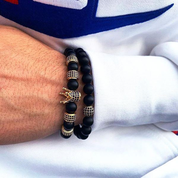 

beaded, strands 8mm black agate stone beads men bracelet crown bracelets 2pcs/set for women pulseras hombre moda masculina bileklik erkek
