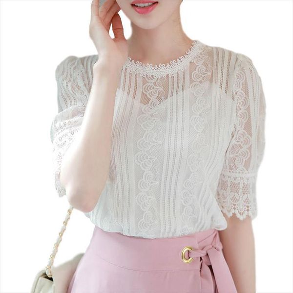 

spring summer style lace womens shirts hollow out solid color o neck half sleeve elegant temperament dd8625, White