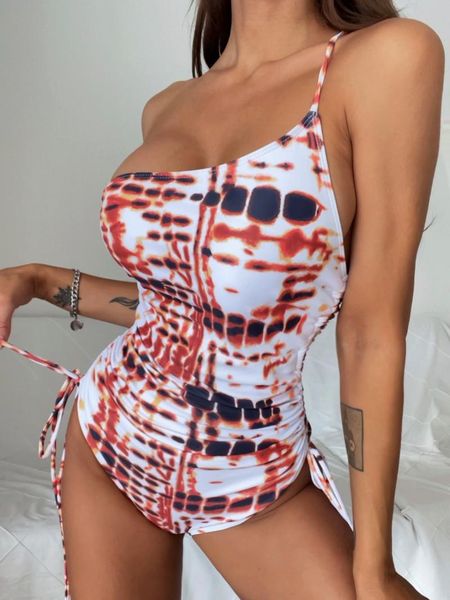 

one-piece suits one shoulder piece swimsuit 2022 high cut tie dye gradient push up bra swimwear beach bandage cross backless monokini