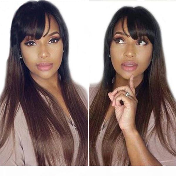 

lace front human hair wigs with bangs 1b30 ombre straight 130 density peruvian remy hair natural hairline full fringe wig, Black