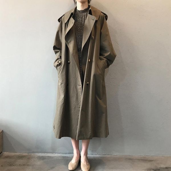 

2021 minimalist double-breasted trench coat elegant ol outwear new autumn solid loose long sleeve lapel windbreaker dles, Tan;black