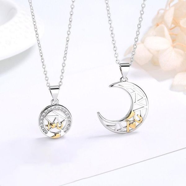 

pendant necklaces 1 pair moon and star necklace for women minimalist lovers matching friendship couple jewelry anniversary gift, Silver