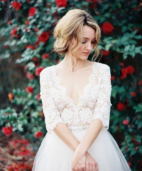 

modest 2021 new bohemian country wedding es vintage lace with half sleeves v neck beaded sash sweep train tulle bridal gowns abw3, White
