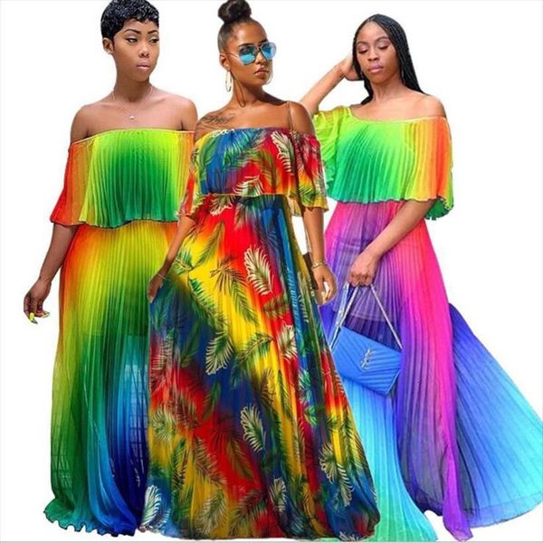

beach gradient tie dye print women cami chiffon off shoulder butterfly sleeve maxi pleated dress boho long dresses df0664, White