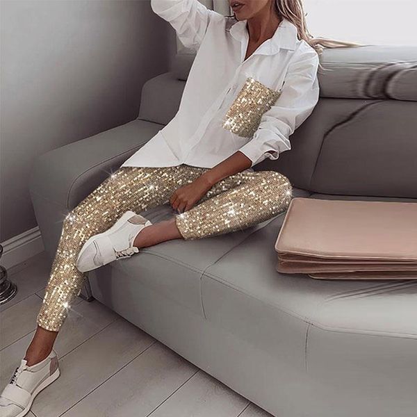 

two piece dress sequined long sleeve pant sets turn-down collar women tracksuits casual streetwear elegant workwear set, White
