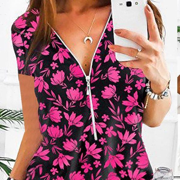 

womens v neck zipper blouse printed short sleeve summer female shirts plus size woman clothing camisetas mujer 2021, White