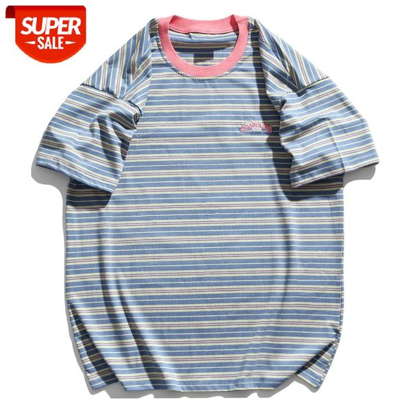

hip hop streetwear t-shirt men harajuku striped letter embroidery tshirt cotton 2021 summer short sleeve t shirt loose black #t56u, White;black