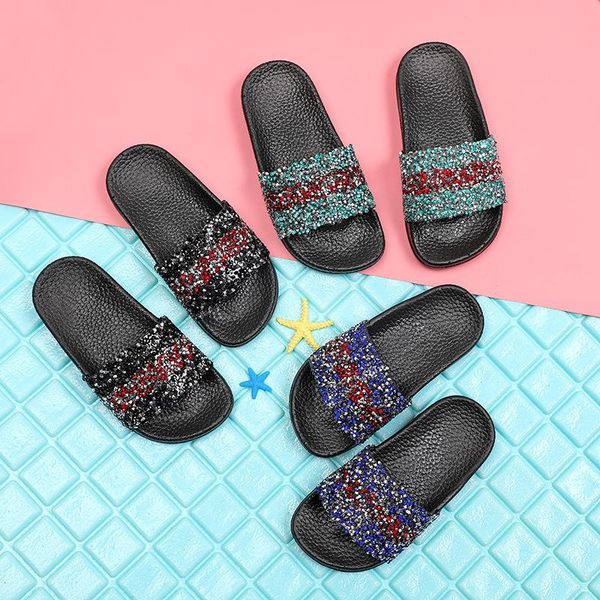 

slipper childrens slippers for girls sweet summer lovely kids colorful rhinestone princess shoes big size 24-35, Black;grey
