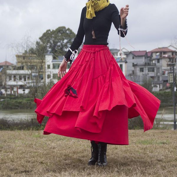 

kalenmos spring cotton and linen skirt women wash solid color retro big swing layered ethnic elastic waist pleated skirts, Black